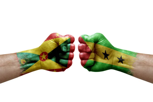 Two Hands Punch Each Others White Background Country Flags Painted — Stockfoto