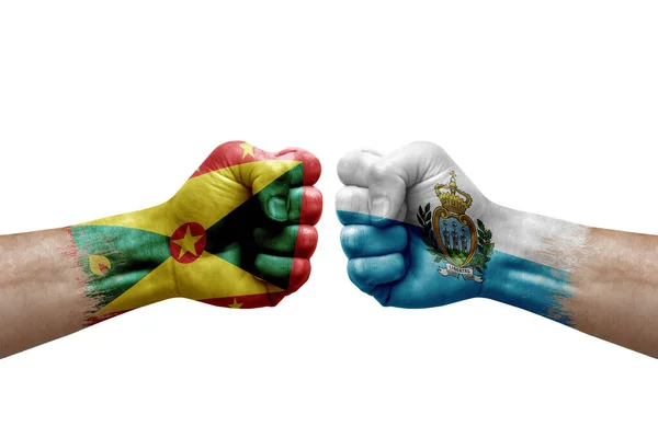 Two Hands Punch Each Others White Background Country Flags Painted — Stok fotoğraf