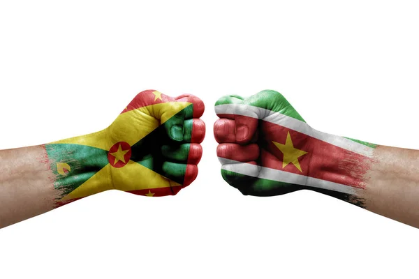 Two Hands Punch Each Others White Background Country Flags Painted — Stockfoto