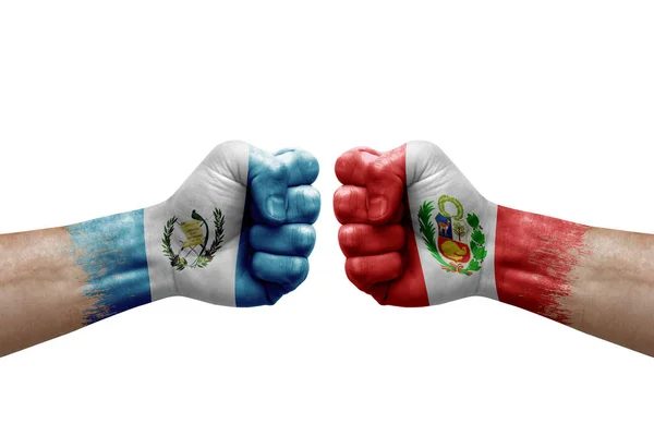 Two Hands Punch Each Others White Background Country Flags Painted — Stok fotoğraf