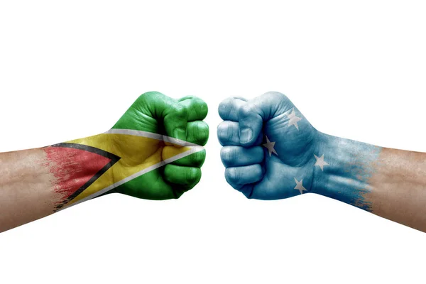 Two Hands Punch Each Others White Background Country Flags Painted —  Fotos de Stock