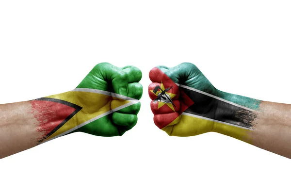 Two Hands Punch Each Others White Background Country Flags Painted — Fotografia de Stock