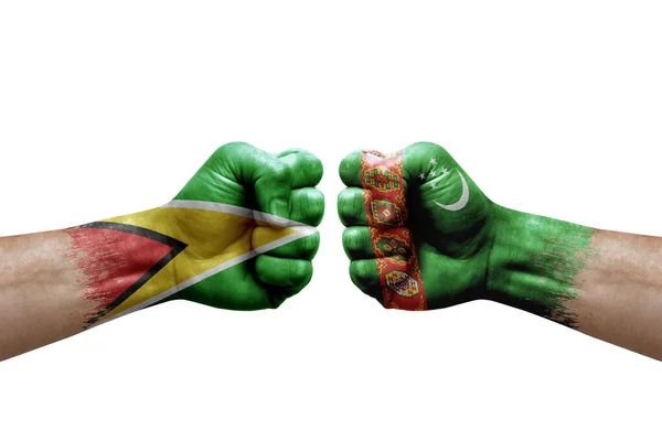 Two Hands Punch Each Others White Background Country Flags Painted — Stockfoto