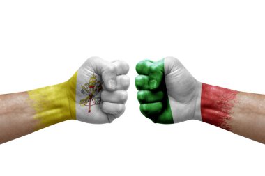 Two hands punch to each others on white background. Country flags painted fists, conflict crisis concept between holy see and italy