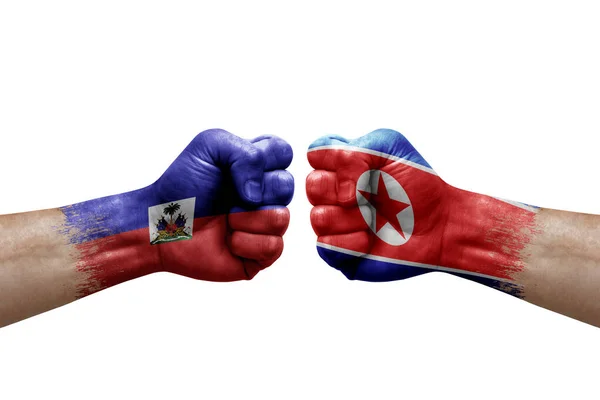 Two Hands Punch Each Others White Background Country Flags Painted — Stockfoto