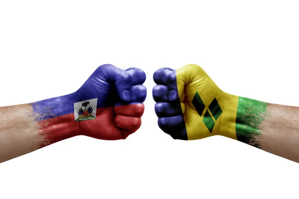 Two Hands Punch Each Others White Background Country Flags Painted — Stockfoto