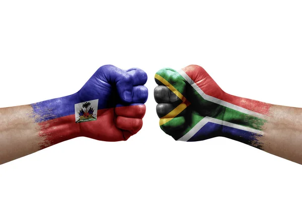 Two Hands Punch Each Others White Background Country Flags Painted — Fotografia de Stock