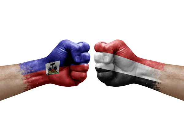 Two Hands Punch Each Others White Background Country Flags Painted — Stockfoto