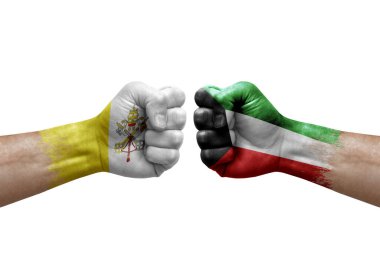 Two hands punch to each others on white background. Country flags painted fists, conflict crisis concept between holy see and kuwait