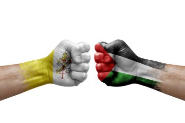 Two hands punch to each others on white background. Country flags painted fists, conflict crisis concept between holy see and palestine