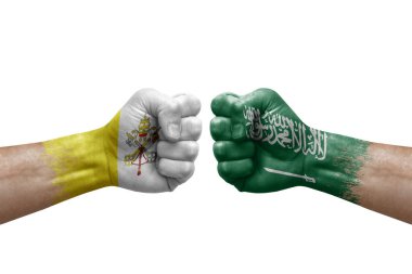 Two hands punch to each others on white background. Country flags painted fists, conflict crisis concept between holy see and saudi arabia