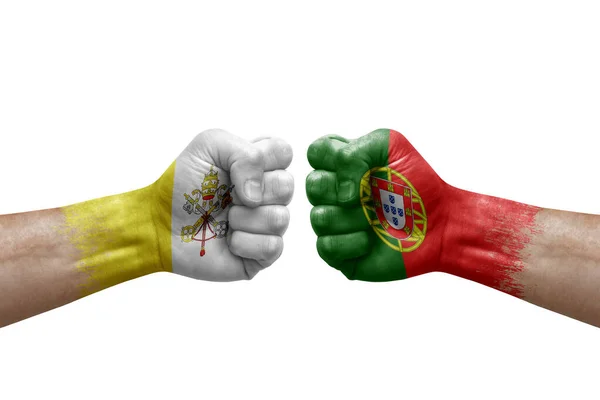 Two Hands Punch Each Others White Background Country Flags Painted — Foto Stock