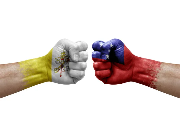 Two Hands Punch Each Others White Background Country Flags Painted — 스톡 사진