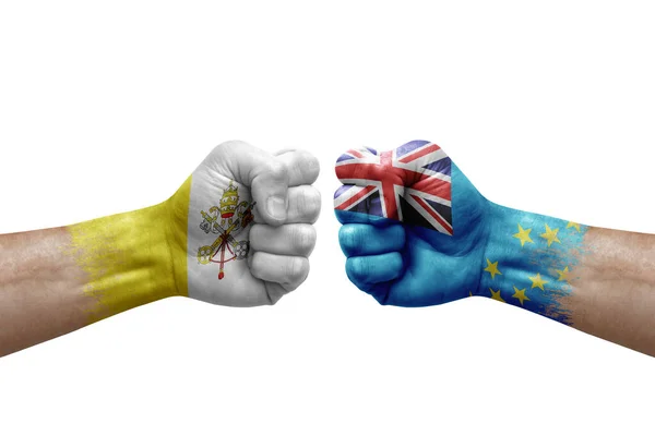 Two Hands Punch Each Others White Background Country Flags Painted — Stockfoto