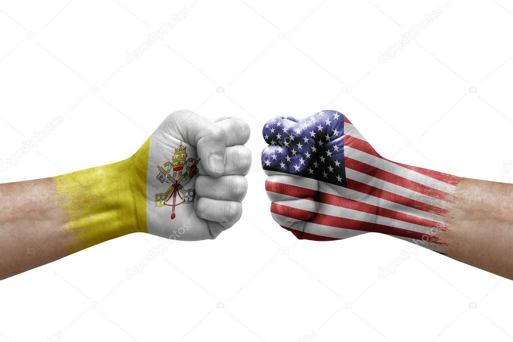 Two hands punch to each others on white background. Country flags painted fists, conflict crisis concept between holy see and usa