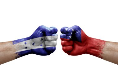 Two hands punch to each others on white background. Country flags painted fists, conflict crisis concept between honduras and samoa