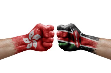 Two hands punch to each others on white background. Country flags painted fists, conflict crisis concept between hong kong and kenya