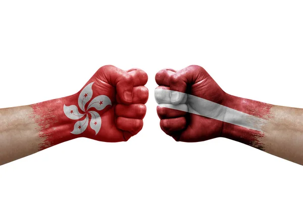 Two Hands Punch Each Others White Background Country Flags Painted — Stock Photo, Image