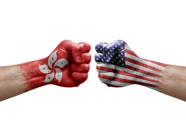 Two hands punch to each others on white background. Country flags painted fists, conflict crisis concept between hong kong and usa