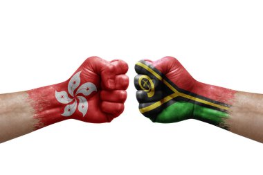 Two hands punch to each others on white background. Country flags painted fists, conflict crisis concept between hong kong and vanuatu