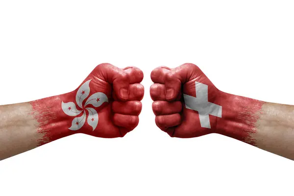 Two Hands Punch Each Others White Background Country Flags Painted — Photo