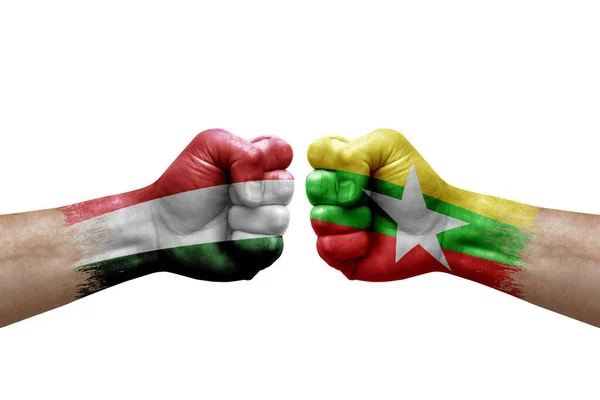 Two Hands Punch Each Others White Background Country Flags Painted — 스톡 사진