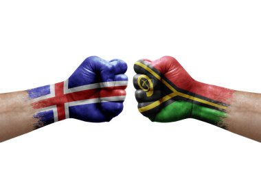 Two hands punch to each others on white background. Country flags painted fists, conflict crisis concept between iceland and vanuatu