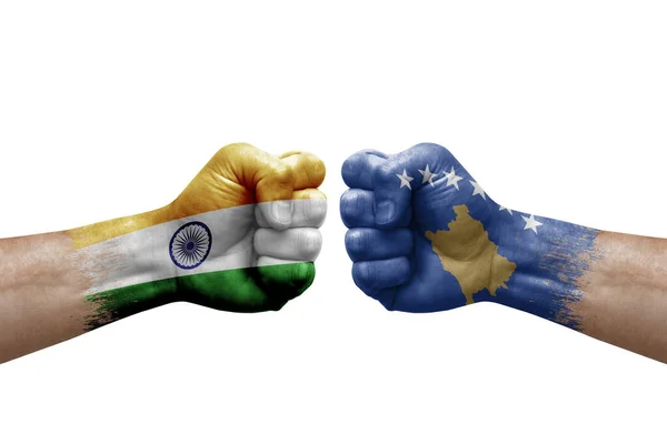 Two Hands Punch Each Others White Background Country Flags Painted — Stock Photo, Image