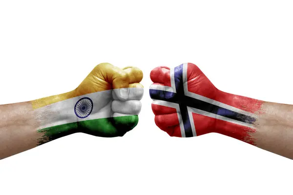 Two Hands Punch Each Others White Background Country Flags Painted —  Fotos de Stock