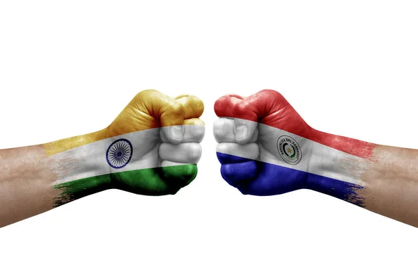 Two Hands Punch Each Others White Background Country Flags Painted — Stockfoto