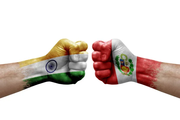 Two Hands Punch Each Others White Background Country Flags Painted — Stok fotoğraf