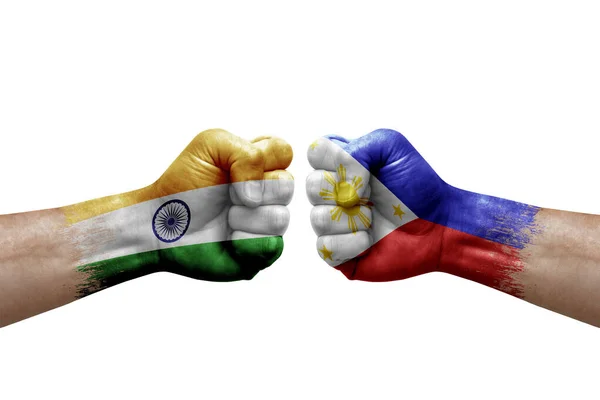 Two Hands Punch Each Others White Background Country Flags Painted — Stock Fotó