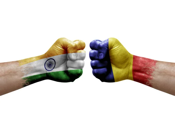 Two Hands Punch Each Others White Background Country Flags Painted — Fotografia de Stock