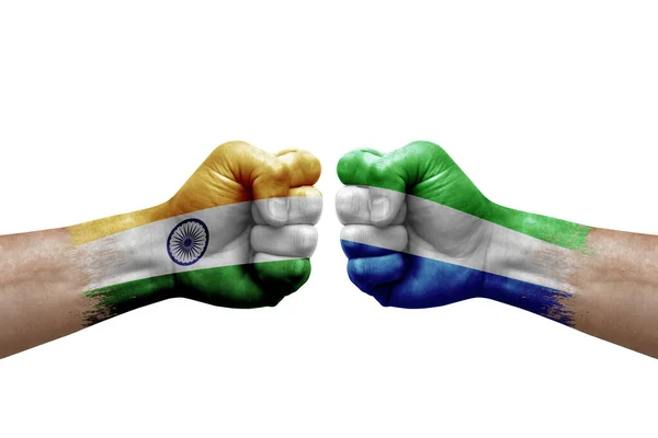 Two Hands Punch Each Others White Background Country Flags Painted — Fotografia de Stock