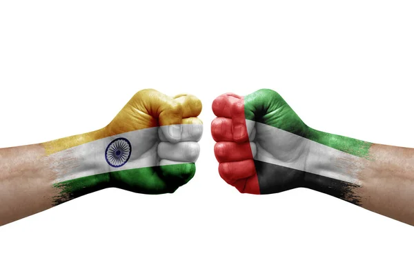 Two Hands Punch Each Others White Background Country Flags Painted — Stock Fotó