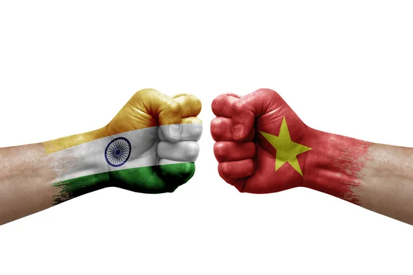 Two Hands Punch Each Others White Background Country Flags Painted — Photo