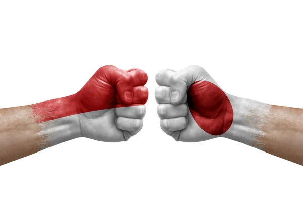 Two Hands Punch Each Others White Background Country Flags Painted — Stock Photo, Image