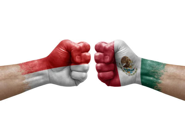 Two Hands Punch Each Others White Background Country Flags Painted — Stok fotoğraf