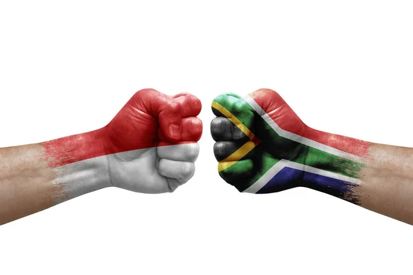 Two Hands Punch Each Others White Background Country Flags Painted — Fotografia de Stock