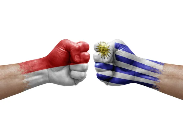 Two Hands Punch Each Others White Background Country Flags Painted — Stok fotoğraf