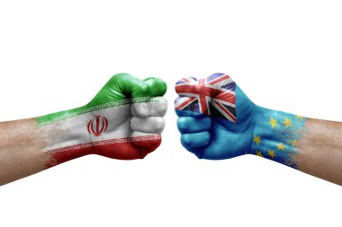 Two hands punch to each others on white background. Country flags painted fists, conflict crisis concept between iran and tuvalu