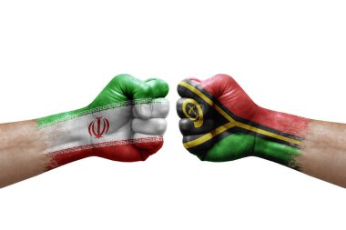 Two hands punch to each others on white background. Country flags painted fists, conflict crisis concept between iran and vanuatu