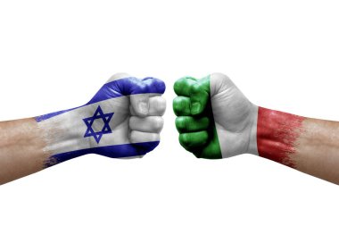 Two hands punch to each others on white background. Country flags painted fists, conflict crisis concept between israel and italy
