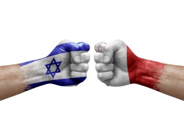 Two hands punch to each others on white background. Country flags painted fists, conflict crisis concept between israel and malta