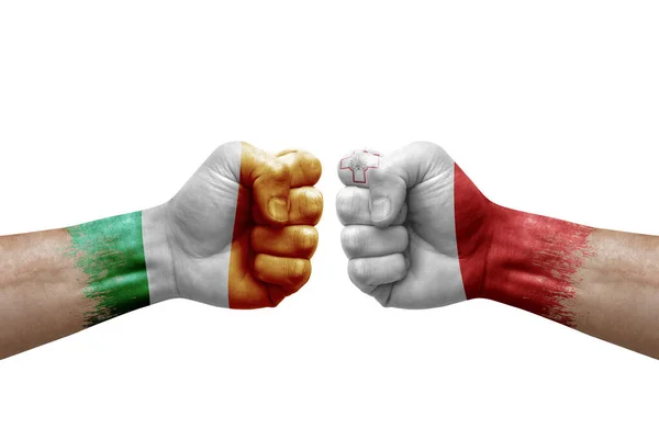 Two Hands Punch Each Others White Background Country Flags Painted — Stock fotografie