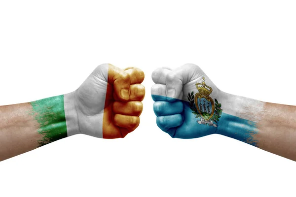 Two Hands Punch Each Others White Background Country Flags Painted — Stockfoto