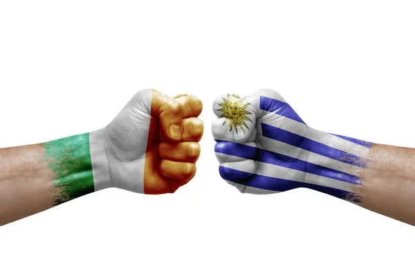 Two Hands Punch Each Others White Background Country Flags Painted — Stockfoto