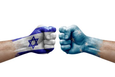 Two hands punch to each others on white background. Country flags painted fists, conflict crisis concept between israel and micronesia