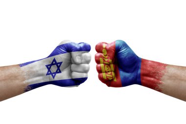 Two hands punch to each others on white background. Country flags painted fists, conflict crisis concept between israel and mongolia