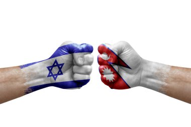 Two hands punch to each others on white background. Country flags painted fists, conflict crisis concept between israel and nepal